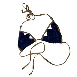 Beach Nunny Navy Blue Jagged Edge  Bikini Top with Gold Trim Crystals Small
